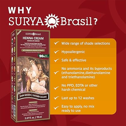 Surya Brasil - Henna Cream, Hair Color Treatment, Semi Permanent Hair Color for Gray Hair Coverage, Natural Henna Hair Color, Deep Conditioning Hair Dye, Dark Brown, 2.37 oz / 70 ml