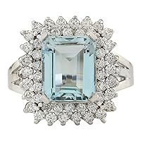 5.52 Carat Natural Blue Aquamarine and Diamond (F-G Color, VS1-VS2 Clarity) 14K White Gold Cocktail Ring for Women Exclusively Handcrafted in USA