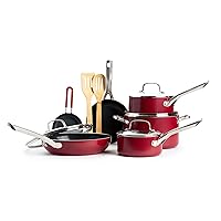 Textured Ceramic Nonstick, 12 Piece Cookware Pots and Pans Set with Stainless Steel Handles, PFAS PFOA & PTFE Free, Dishwasher Safe, Oven & Broiler Safe to 600 Degrees, Red