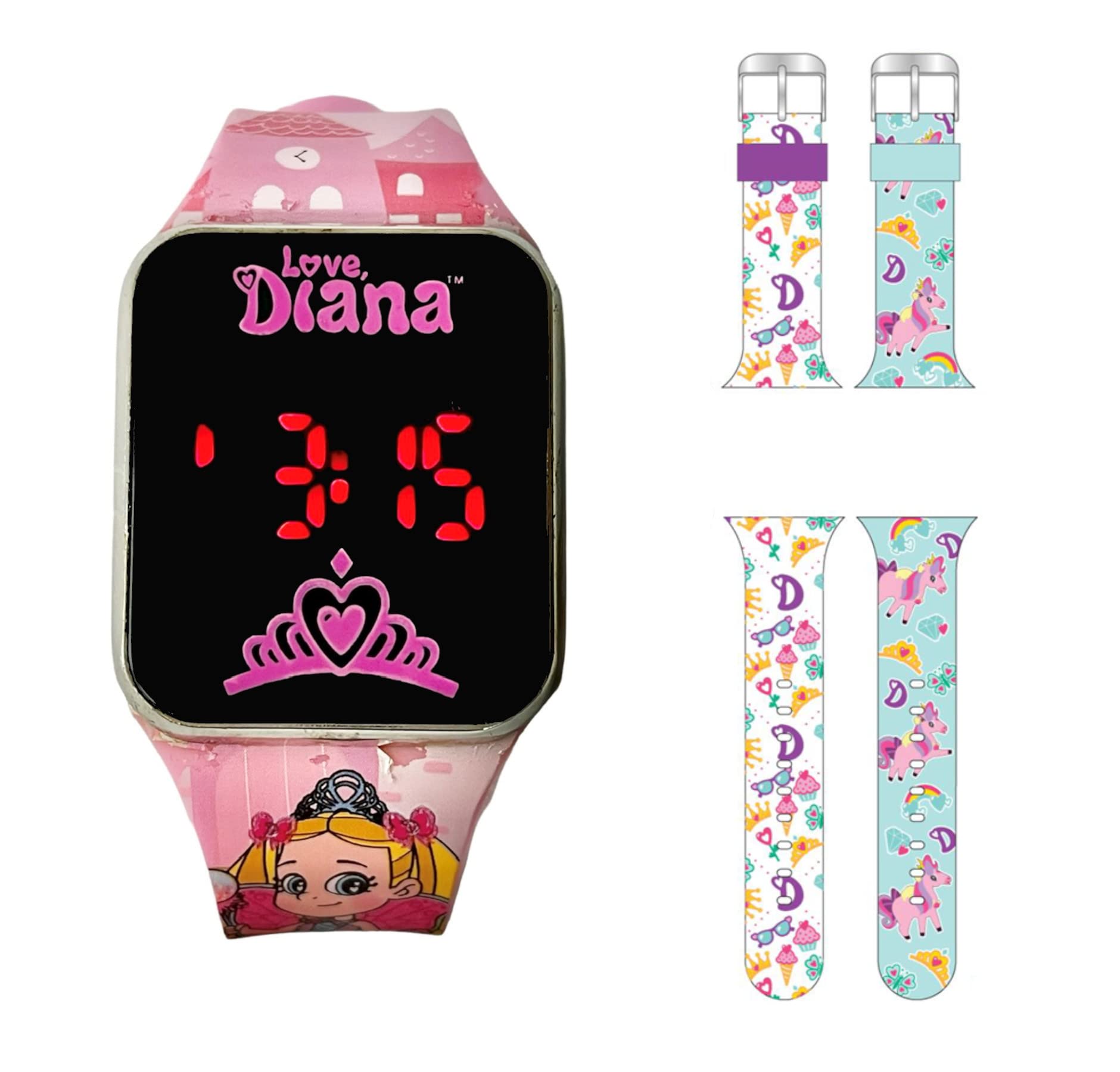 Accutime Kids Love, Diana Pink Digital LED Quartz Childrens Wrist Watch for Girls, Boys, Toddlers with Multicolor Graphic Interchangeable Straps (Model: LDA40002AZ)