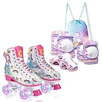 SULIFEEL Rainbow Roller Skates for Kids Size 1 with Adjustable Protective Gear Set Purple Small