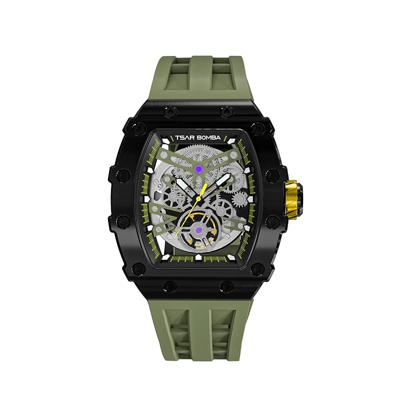 Men's Luxury Watches TSAR BOMBA Tonneau Wrist Watches Sapphire Crystal  Japanese Quartz Movement Chronograph Rubber Strap 50M Water Resistant  Classic