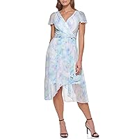 DKNY Women's Short Sleeve Asymmetrical Hem Faux Wrap Dress, Sunshine, 14