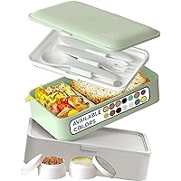 Umami Bento Lunch Box for Adults with Utensils & Sauce Jars, Microwave-Safe, Leak-Proof, All-in-One Meal Container, Green