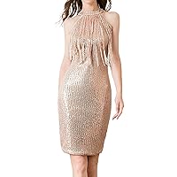 Cocktail Dresses for Women Wedding Guest Spring,Sexy Party Neck Sequin Fringe Dress Nightclub Sleeveless Slimmi