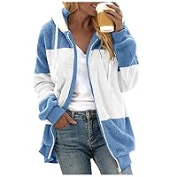 Cardigan Sweaters For Women Hooded Color Block Patchwork Coats Winter Fuzzy Fleece Jacket Outerwear With Pockets