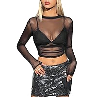 Verdusa Women's Mock Neck Ruched Mesh See Through Crop Top Long Sleeve Tee Without Bra