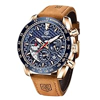 BY BENYAR Men's Waterproof Chronograph Illuminated Classic Leather Band Large Dial Date Analog Watch Elegant Gift