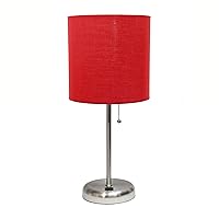Simple Designs LT2044-RED Brushed Steel Stick Table Desk Lamp with USB Charging Port and Drum Fabric Shade, Red Shade