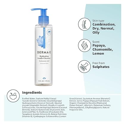 DERMA-E Hydrating Gentle Cleanser with Hyaluronic Acid – Moisturizing Facial Cleanser Tones, Moisturizes & Improves Skin Texture – Gently Exfoliating Face Wash, 6 fl oz