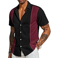 PJ PAUL JONES Men's Cotton Linen Shirts Vintage Contrast Breathable Button Down Shirts Retro Short Sleeve Dress Shirts