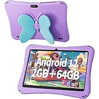 Tablet for Kids, 10 Inch Android 12 Kids Tablet with Kids Case, 2GB RAM 64GB ROM, 5000mAh, 1280 * 800 Display, Dual Camera, WiFi, Educational Games, Blue Butterfly Handle