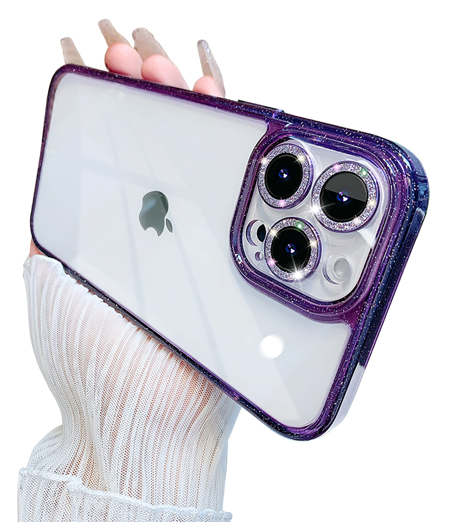 Eiyikof for iPhone 14 Pro Max Case with Bling Camera Lens Protector Cover Cute Sparkly Diamond Slim Clear Back & Glitter Bumper Silicone Shockproof Protective Case for Girls Women-Purple