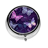 Purple Butterfly Print Pill Box Round Pill Case 3 Compartment Portable Pill Organizer Mini Metal Pill Container for Vitamins Medication Supplements Purse Pocket Travel