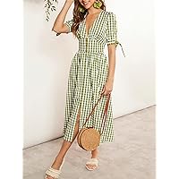 2023 Women's Dresses Gingham Print Knot Cuff Button Front Dress Women's Dresses (Color : Multicolor, Size : Small)
