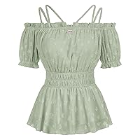 GRACE KARIN Peplum Tops for Women Puff Short Sleeve Chiffon Blouses Cold Shoulder Tops Summer Shirt Babydoll Tops