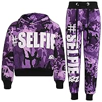 Kids Girls Tracksuit #Selfie Camouflage Purple Hooded Crop Top Bottom Jog Suit
