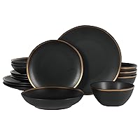 Gibson Elite Kings Road Double Plates and Bowl Organic Round Porcelain Dinnerware Set - Matte Black w/Gold Rim