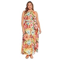 London Times Sleeveless Maxi Floral Women-Halter Neck Pleated Summer Long Dress for Special Occasions