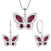 STARCHENIE Butterfly Necklace Earrings for Women 925 Sterling Silver Birthstone Created Ruby Butterfly Jewelry Set Gifts
