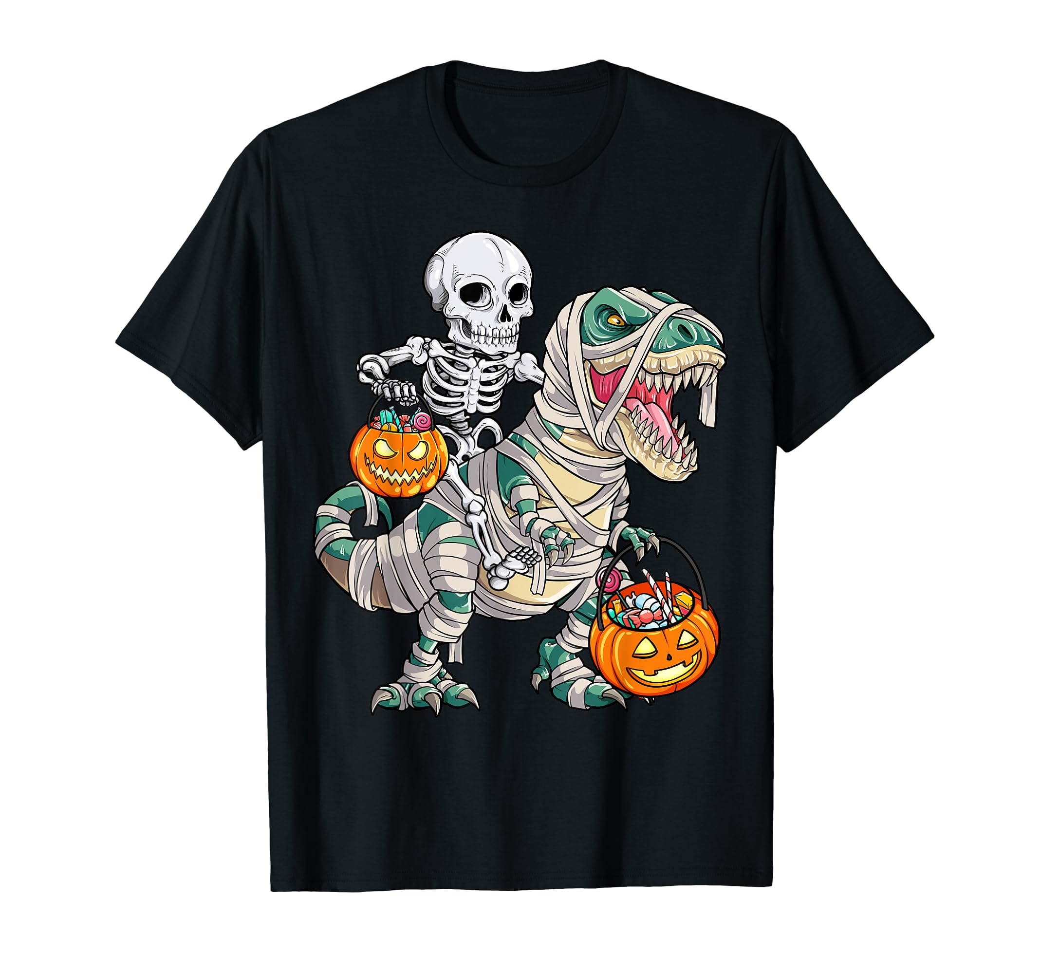 Skeleton Riding Mummy Dinosaur T rex Halloween Funny Pumpkin T-Shirt