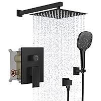Black Shower Faucet Set: Rainfall Shower System with High Pressure 10 Inch Rain Shower head and 3-Setting Handheld Shower Head Set, Wall Mounted Shower Faucet Set Complete Matte Black