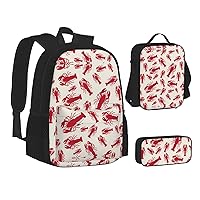 Red Lobster Print Backpack 3 Pcs Set Travel Hiking Lightweight Water Laptop Pencil Case Insulated Lunch Bag