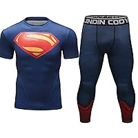 Men’s Workout Compression Pants Short Sleeve Shirts Set Fitness Running Jogging Suits Sports Set Top & Bottom Suit
