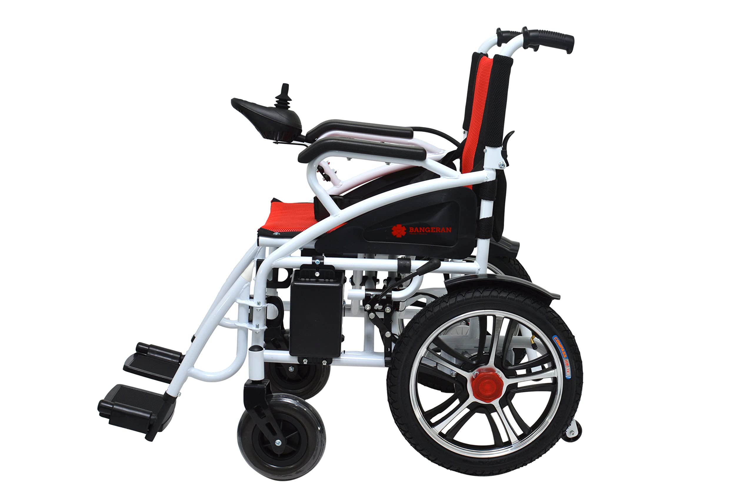 Mobilitas Z Foldable, Compact, Portable Electric Wheelchair for Adults and Seniors, Lightweight Power Wheelchair in Affordable Category, Silla de Ruedas Electrica, Dual Motor (White on Red)