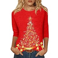 Women Christmas Shirts Casual Crew Neck 3/4 Sleeve Tops Tie Dye Gradient Xmas Printed T Shirt Loose Work Blouse