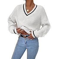 Women's Sweater Striped Trim Drop Shoulder Cricket Sweater Sweater for Women (Color : White, Size : X-Small)