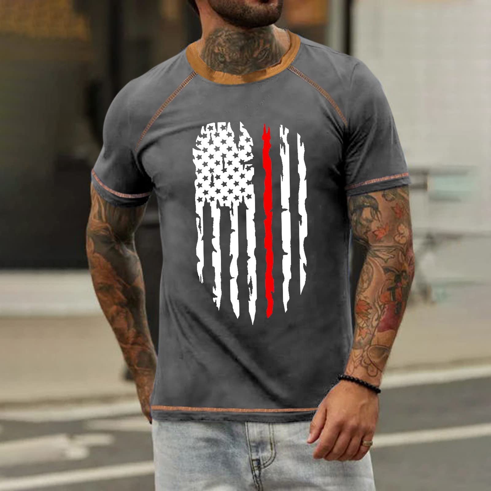 XIAXOGOOL T Shirt Men Independence Day Shirts Graphic Tee Big and Tall Distressed American Flag Print Shirt Vintage T Shirts