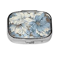 Blue Grace Floral Pill Box 2 Compartment Small Pill Case for Purse & Pocket Metal Medicine Case with Mirror Portable Travel Pillbox Medicine Organizer