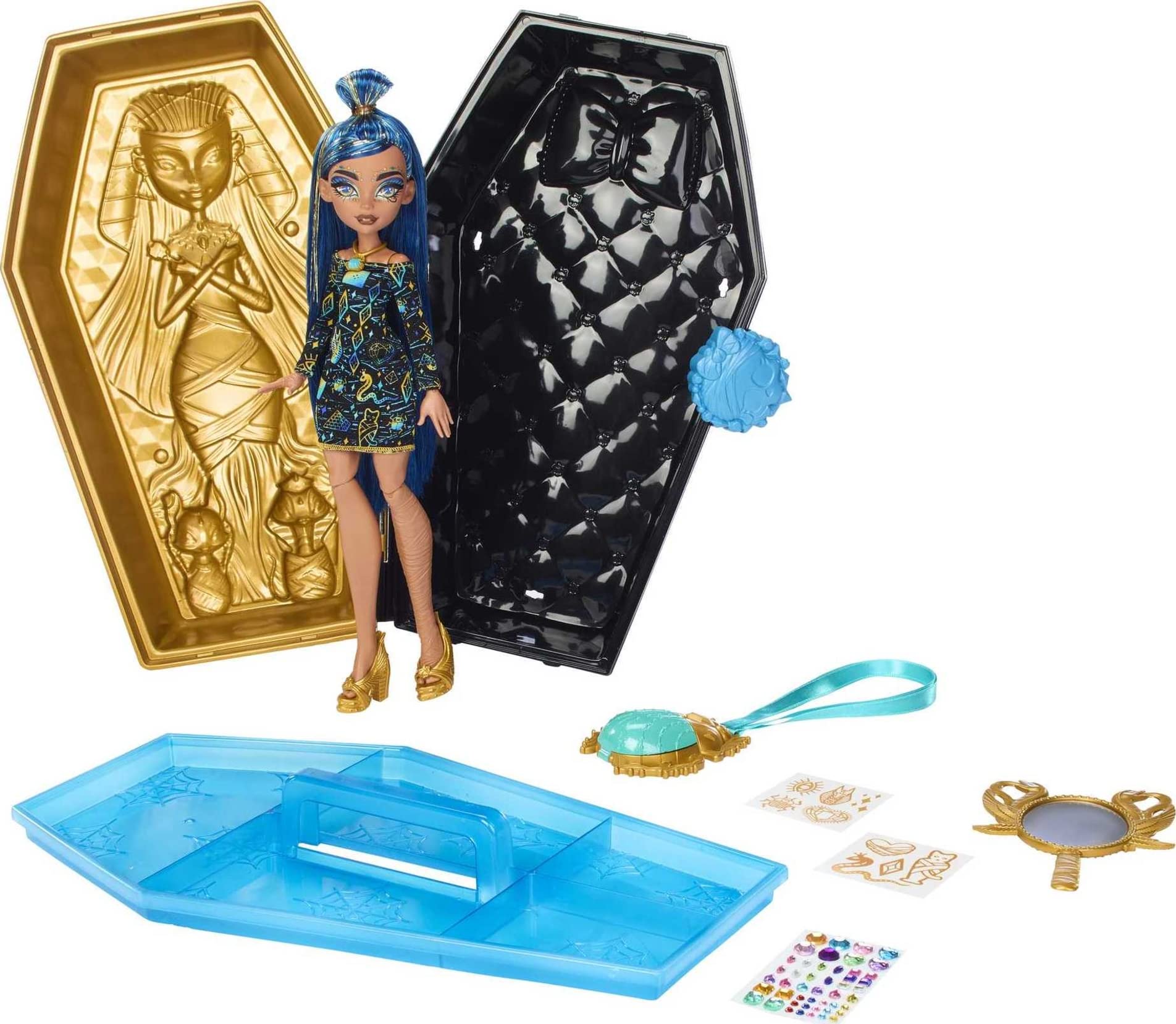 Monster High Doll and Beauty Kit, Cleo De Nile Golden Glam Case with Tattoos and Necklace for Kids (Amazon Exclusive)