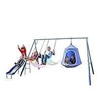 Shooting Star Metal Swing Set w/ 2 LED Swings, Padded Saucer Swing with LED Light up Tent and 5' Double Wall Blow Molded Slide