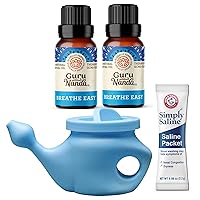 GuruNanda Neti Pot with Saline Packet (240 ml) & Breathe Easy Essential Oil (Pack of 2 x 15 ml) - Helps Relieve Nasal Congestion & Irritation with 100% Pure Peppermint & Eucalyptus Essential Oils
