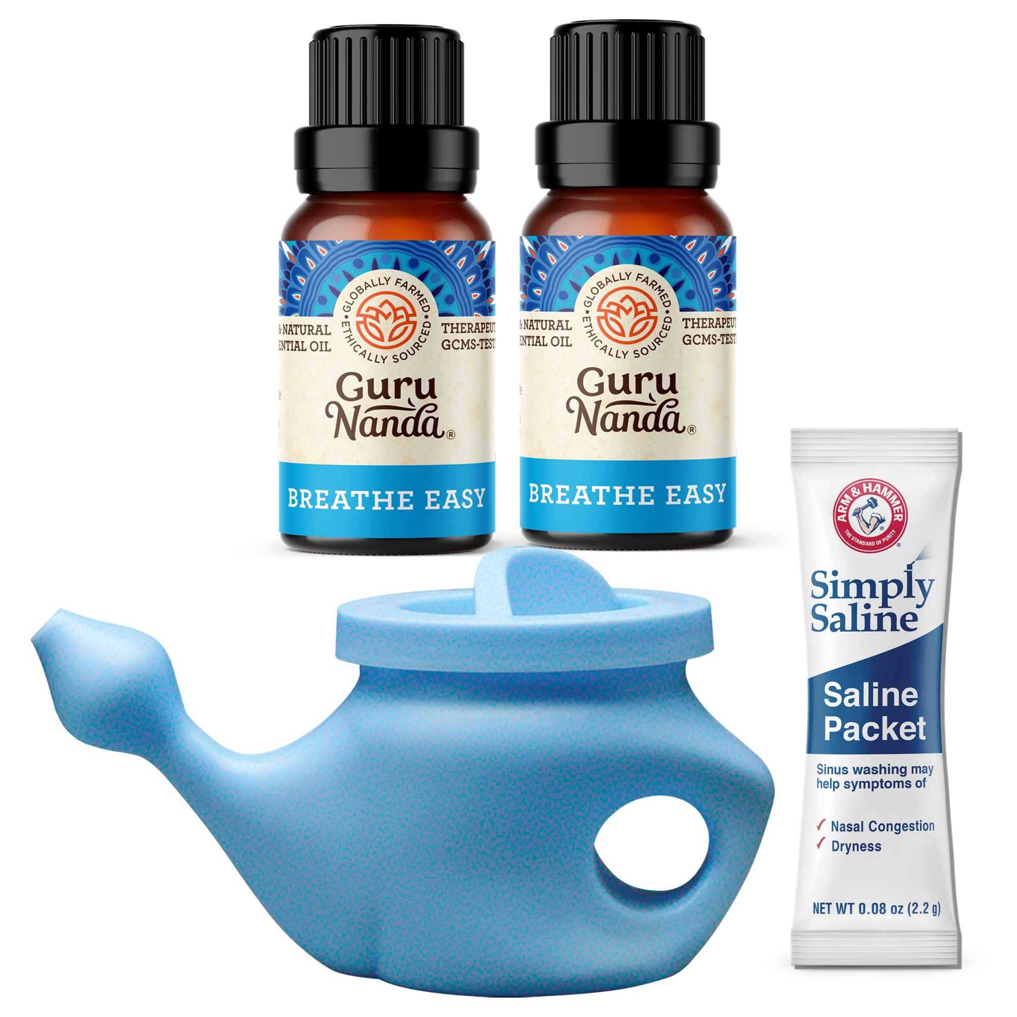 GuruNanda Neti Pot with Saline Packet (240 ml) & Breathe Easy Essential Oil (Pack of 2 x 15 ml) - Helps Relieve Nasal Congestion & Irritation with 100% Pure Peppermint & Eucalyptus Essential Oils