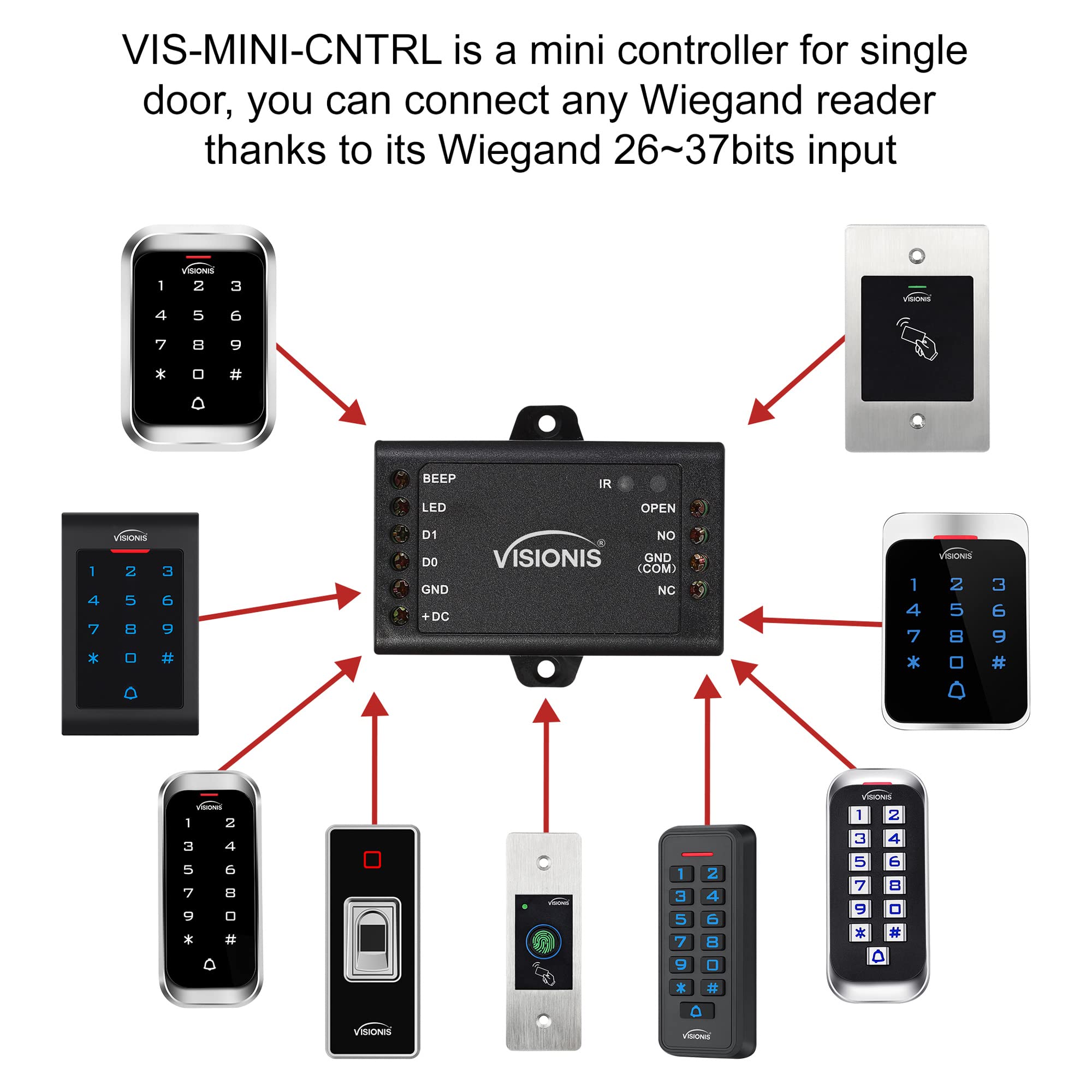 Visionis VIS-3000 Access Control Indoor + Outdoor Rated IP68 Metal Digital Touch Keypad + Reader Standalone with Mini Controller + Wiegand 26, Wide Design, No Software, EM Cards, 1000 Users