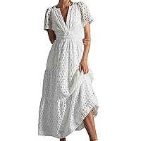 Women's Summer Print Maxi Dress with V-Neck, Smocked Waist, Side Pockets and Pintucked Hem