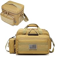 Range Bag 2~4 Pistol Medium Size (Tan) + Tactical Lunch Bag (Tan), Durable Material with adjustable shoulder strap, Multi-functional Design