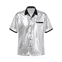 ACSUSS Men's Metallic Disco Shiny Slim Fit Short Sleeve Button Down Nightclub Party Shirts