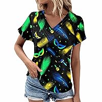 Womens Casual Shirts Fitted Shirts Fashion Mardi Gras Mask Printed T-Shirt Pleated Button V-Neck Short Sleeve Top