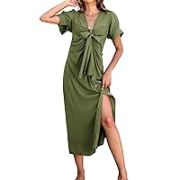 Womens Vintage Summer Dresses Casual V Neck Button Down Tie Front Ruched Slit Short Sleeve Midi Dress