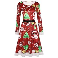 CHICTRY Women's Long Sleeve Crew Neck Christmas Printed Casual Flared Dress Party Dresses