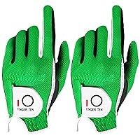 FINGER TEN Men's Golf Glove Rain Grip Pair Both Hand or 2 Pack Left Right Hand, Hot Wet Weather No Sweat, Black Gray Green, Fit Size Small Medium Large XL (Green, M/Large, Left)