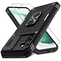DEERLAMN for Samsung Galaxy S23 FE Case with Slide Camera Cover+Screen Protector(1 Pack),Rotated Ring Kickstand Military Grade Shockproof Protective Cover-Black