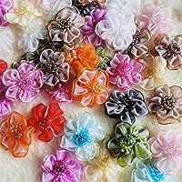 50PCS Organza Ribbon Flowers with Beads 1.18 inch 2-Layer Artificial Silk Flower Handmade Appliques Sewing Wedding Craft Present Wrapping Decoration (Mixed Colors)