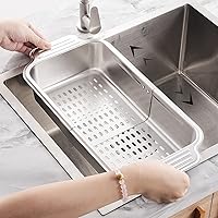 ZDRongZhen Kitchen Supply-Over The Sink Colander Strainer Basket Stainless Steel Retractable Kitchen Sink Basket -Wash Vegetables and Fruits, Drain Pasta and Dry Dishes,Extendable (Medium Silver)