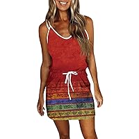 Beach Dresses for Women Summer Causal Print Loose Sleeveless Sexy V Neck Drawstring Waist Short Dress with Pockets