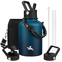 Insulated Water Bottle with Straw,50oz 3 Lids Water Jug with Carrying Bag,Paracord Handle,Double Wall Vacuum Stainless Steel Metal Flask,Indigo Black